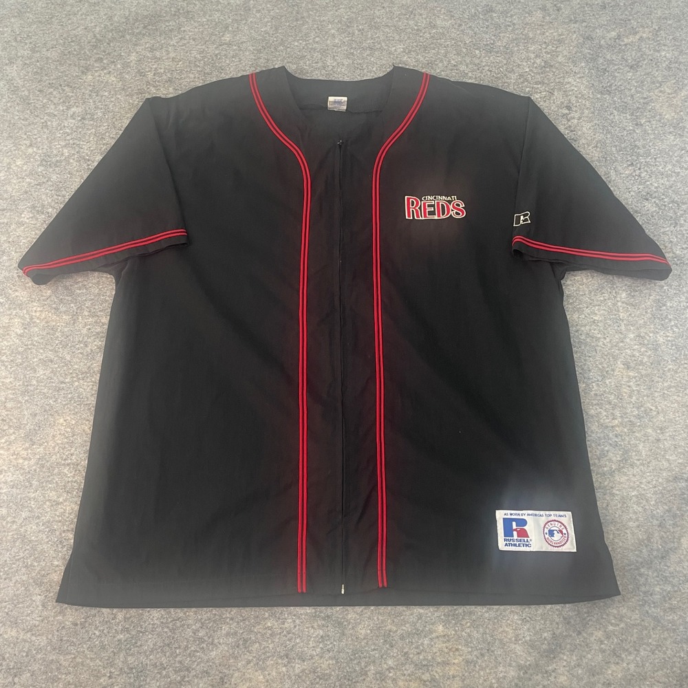 VTG Russell Athletic Cincinnati Reds Jersey Full Zip Up Black Adult XL